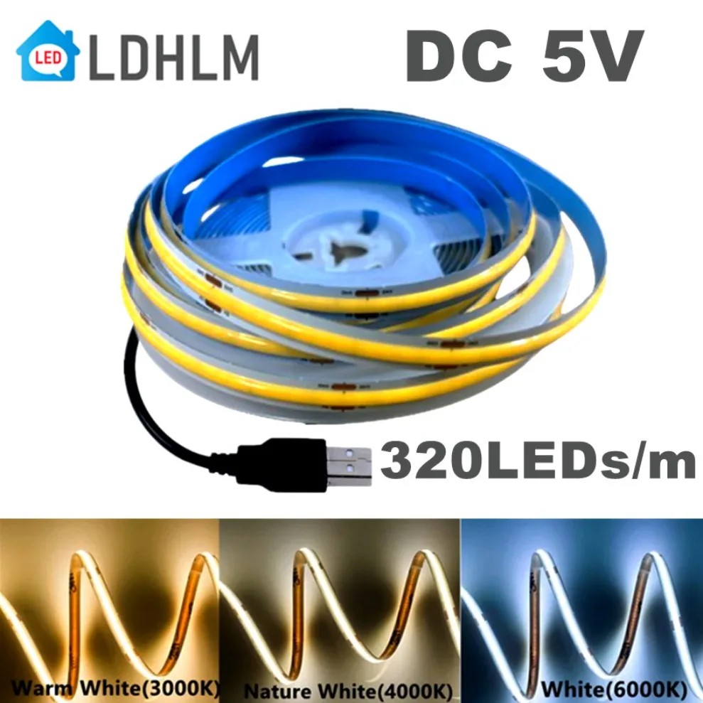 

DC 5V USB COB LED Strip Light 320LED/m USB powered High Density Linear Lighting Flexible LED Strip Multi Color 3000K/4000K/6000K