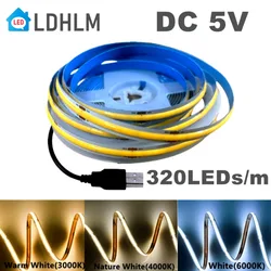 DC 5V USB COB LED 스트립 라이트, USB 전원, 고밀도 선형 조명, 유연한 LED 스트립, 멀티 컬러, 3000K, 4000K, 6000K, 320LED/m