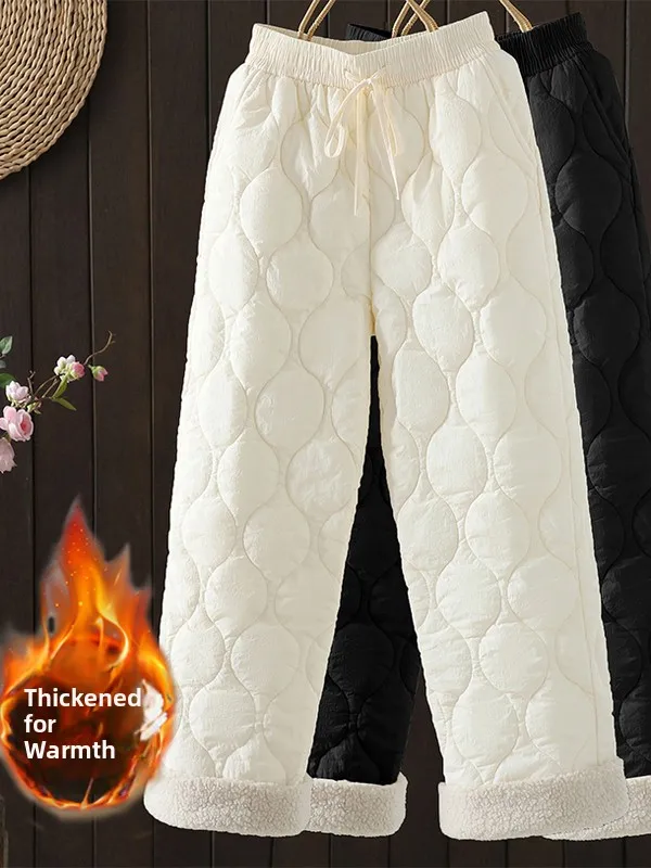 

Thiened Warm Cotton Trousers with Dstring Wide Leg Women's plus Size Autumn Winter New Sle Fce Lined High Waist Pants