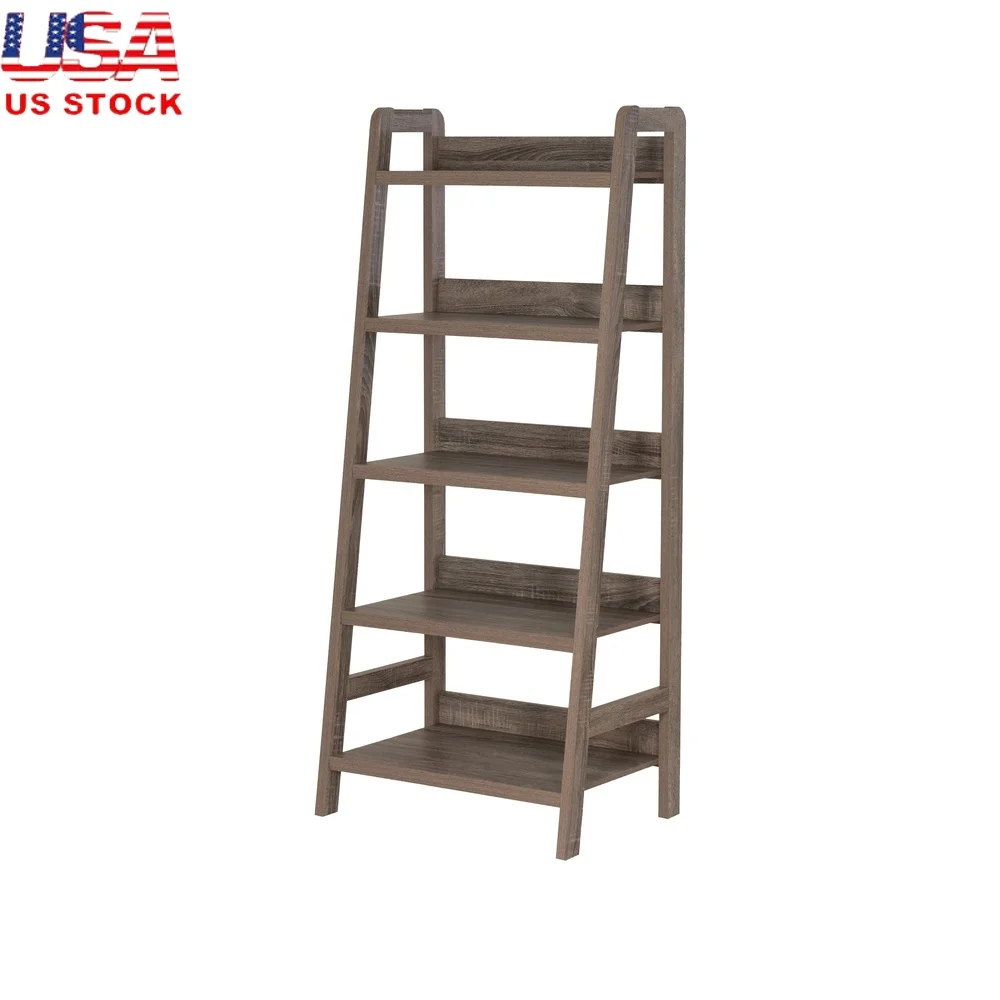 

Mid-Century 5-Shelf Ladder Bookcase Sturdy Open Design Office Bedroom Display Storage Gray Finish Stylish Furniture
