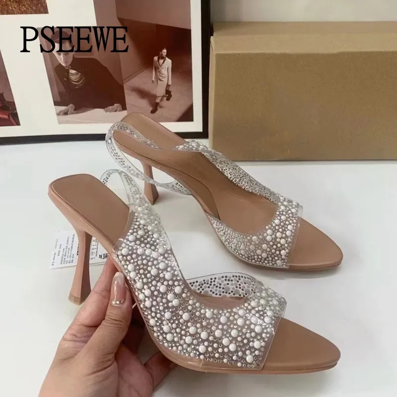 PSEEWE 2024 Women Sandals Fashion Rhinestone Slingback High Heeled Shoes For Woman Summer Pointed Toe Female Pumps Party Shoes