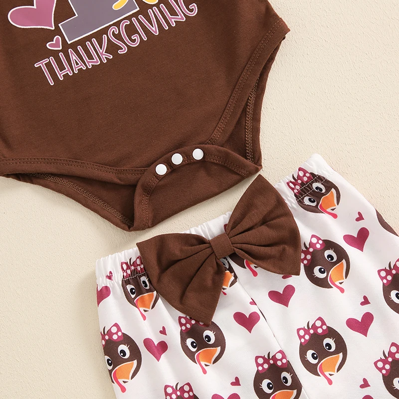 Tenue de Thanksgiving pour bébé fille, barboteuse à manches longues, pantalon évasé, bandeau de sauna à nœud, imprimé dinde, automne, 2024, 05, 20