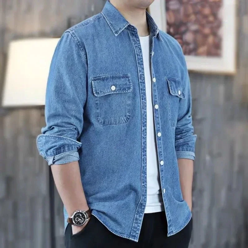 

Denim Jackets Man Shirt Wide Sleeves Autumn Light Jeans Coat for Men Button Outwear Cowboy Washed Casual Korean Style Loose G