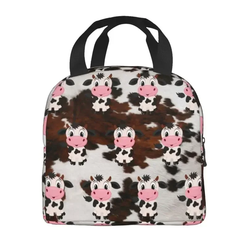 Bolsas de almuerzo con aislamiento de vaca lechera de dibujos animados para acampar, viajar, refrigerador impermeable, caja térmica Bento para mujeres y niños