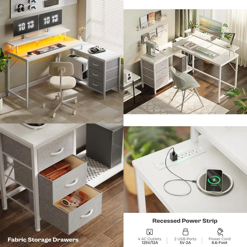 

Adjustable L-Shaped Gaming Desk with LED Lighting and Power Outlets, Spacious Storage Computer Desk for Home Office