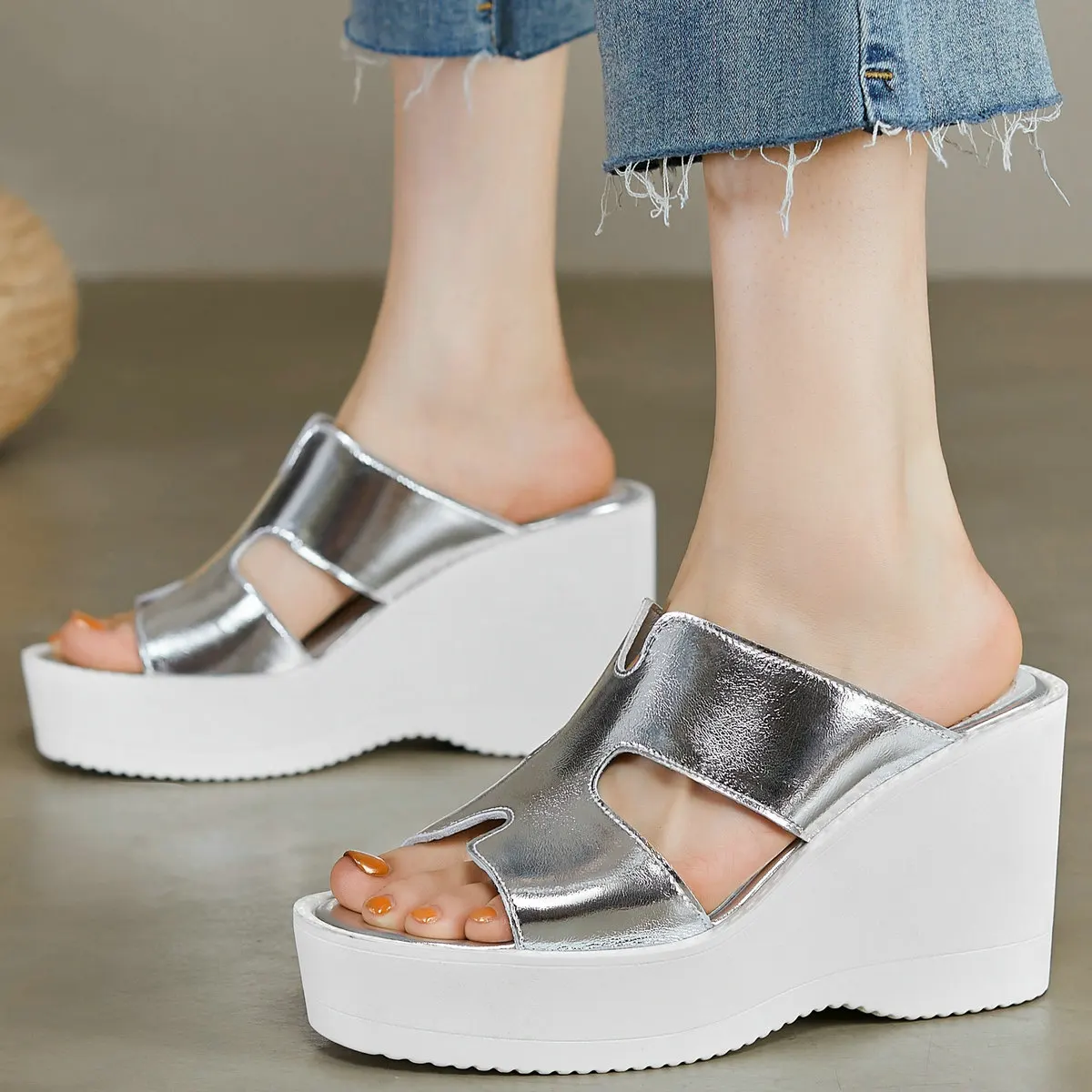 

Platform Pumps Shoes Women Black White Silver Cow Leather Wedges High Heel Mules Female Open Toe Gladiator Sandals Casual Shoes