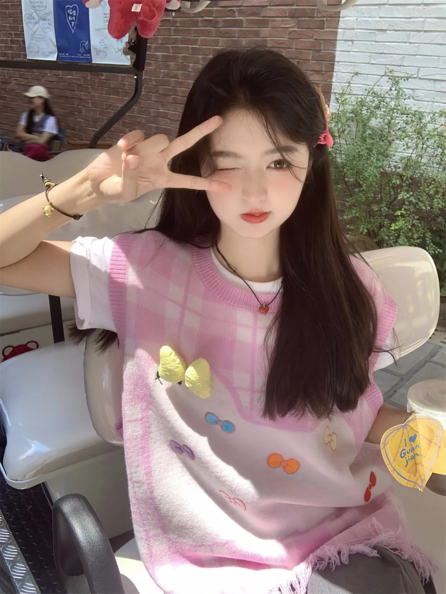 

Wenwen Fan nut Milk Wer вязаный топ женский свободный круглый жилет Ne с милым узлом повседневная осенняя одежда