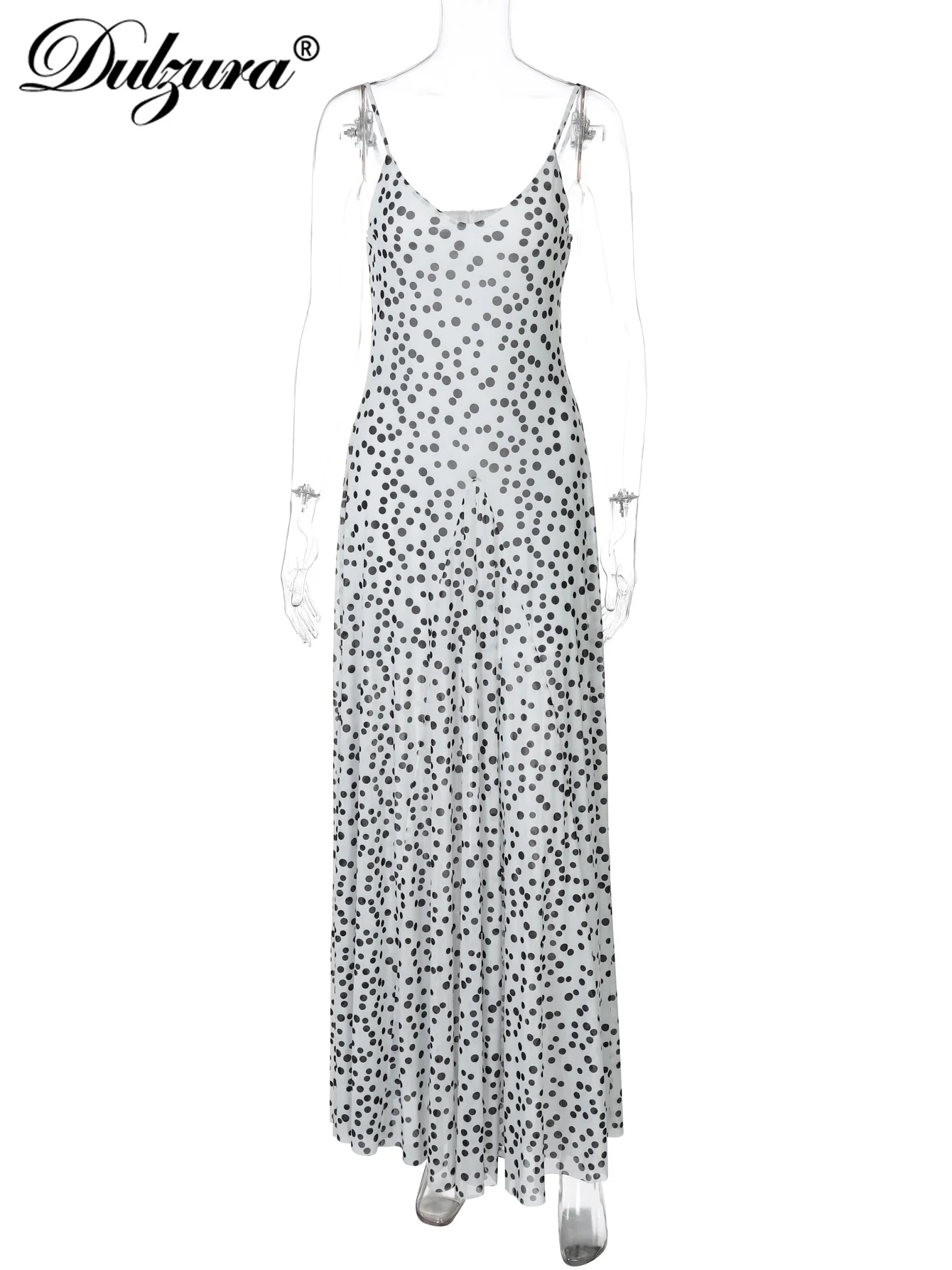 เดรสยาวลายจุดตาข่ายรัดรูป สายเดี่ยว คอวี โชว์หลัง แฟชั่นฤดูร้อนล่าสุดจากดุลซูรา เหมาะสำหรับงานปาร์ตี้ คลับ งานพรอม