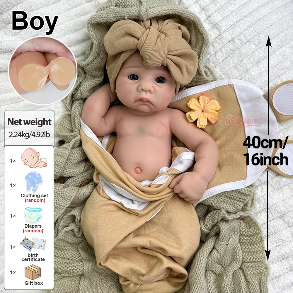 Soft 39cm Silicone Reborn Doll Boy with Sparking Bright Eyes Soft Body Newborn Baby for Birthday Gifts Photo Props