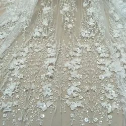 Handmade 3D flower higher quality lace fabric bridal dress lace fabric with sequins 130cm width lace fabric sell by yard