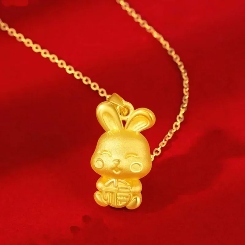 High-quality 24K gold lucky rabbit pendant 999 cute little rabbit necklace AU750 temperament clavicle chain womens jewelry gift