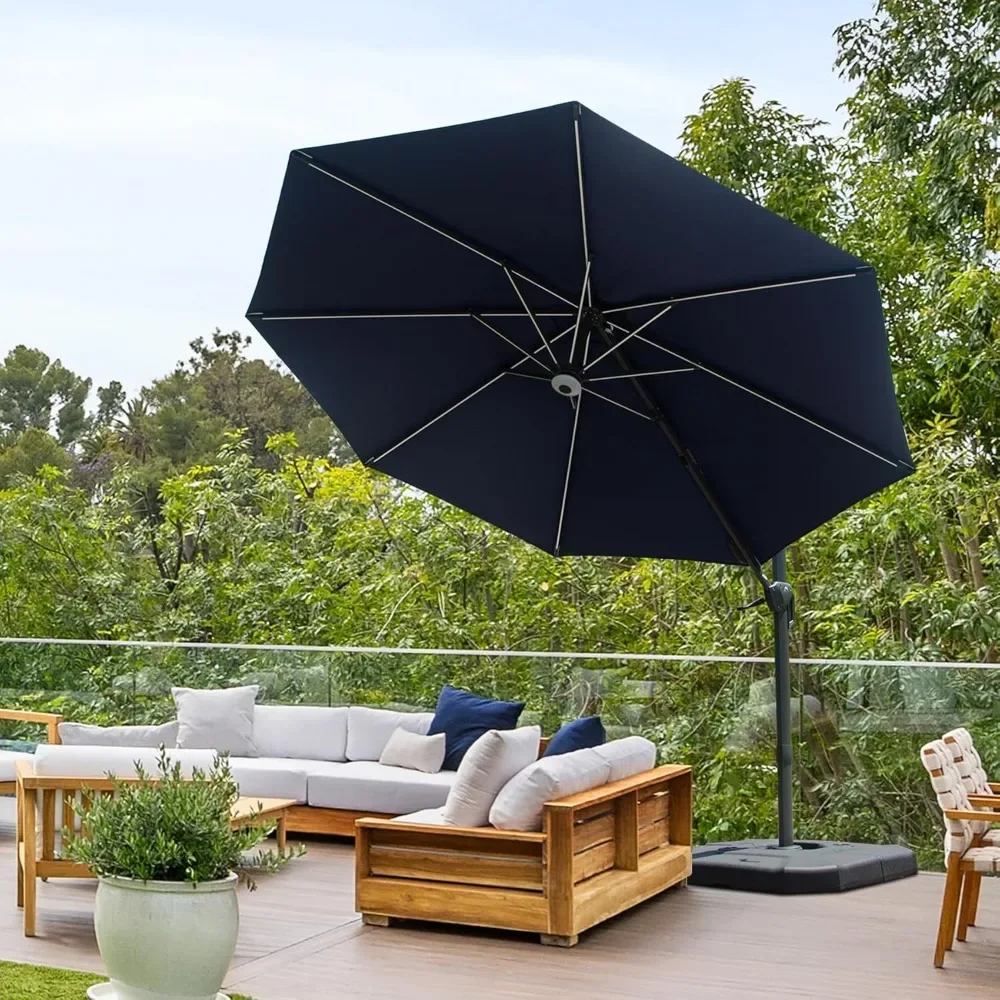 

10 FT Cantilever Patio Umbrella Solar Powered LED Round Deluxe Offset Umbrellas, with 360°Rotation, Outdoor Market Umbrella