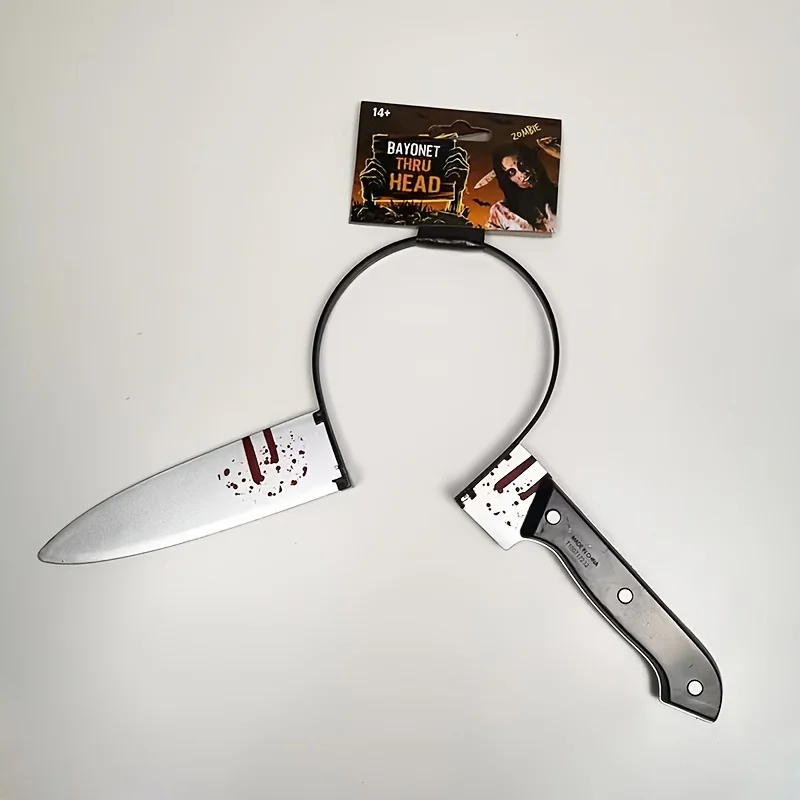 Accesorios festivos para fiesta de Halloween, tocado aterrador, cuchillo falso de plástico con gorro de sangre a través de la cabeza