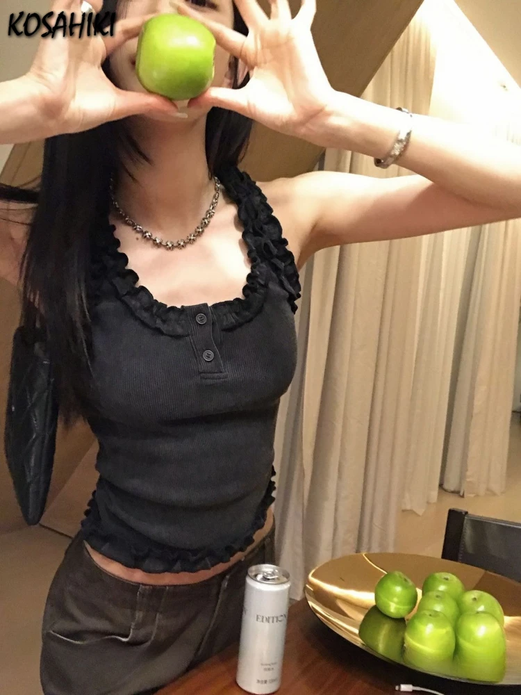 

2025 Summer Y2k Aesthetic Vintage Button Vest Harajuku Solid Ruffled Grunge Casual Camisole Streetwear Fairy Bodycon Tanks Women