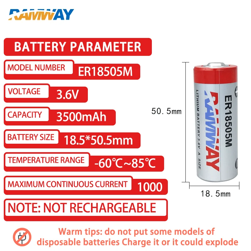 ER18505M 3.6V 3500mAh primary lithium battery for smart water meter, heating meter, flow meter, PLC servo