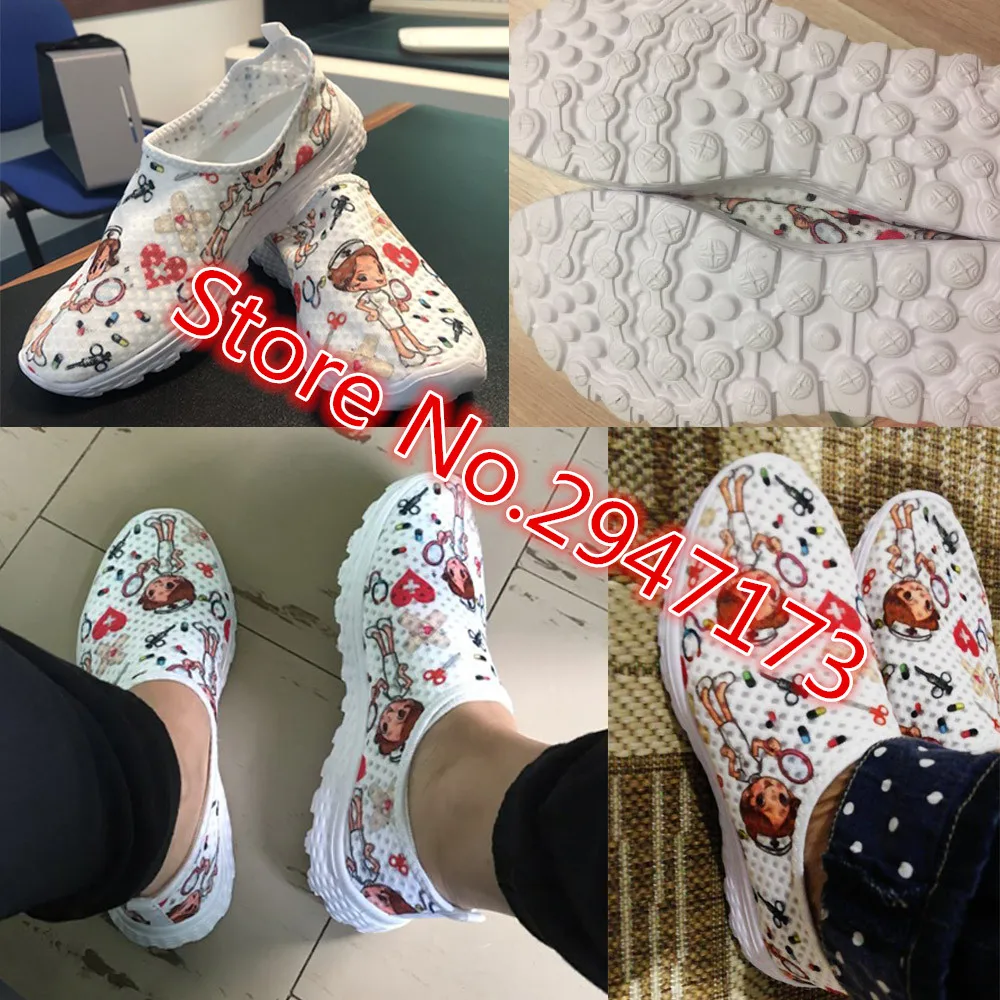 Cute Cartoon Nursing Doctor Surgery Printed Woman Flats Sneakers Mesh Nurse Shoes Women Light Weight Ladies Footwear