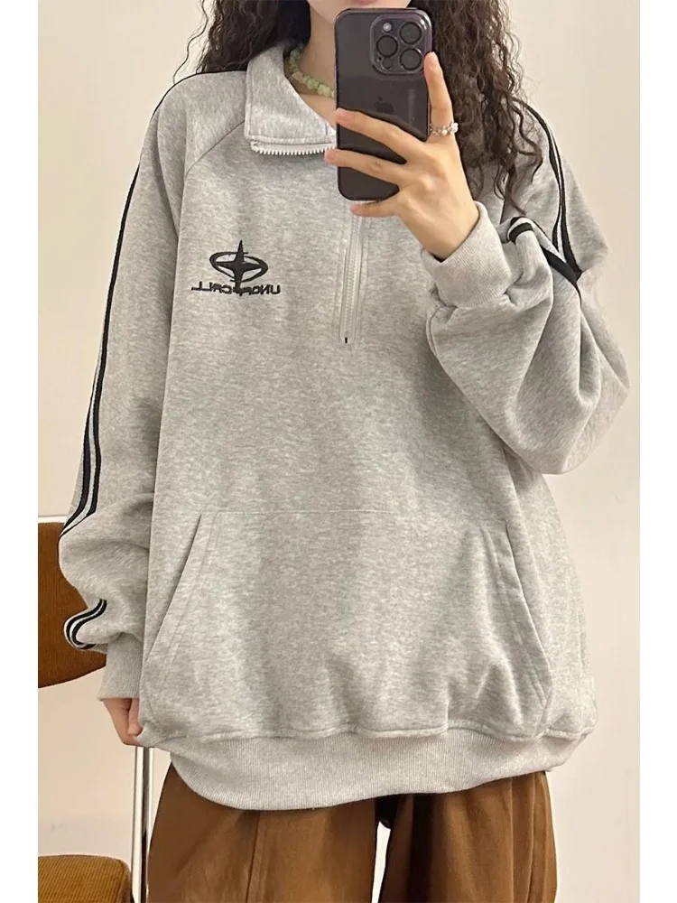 HOUZHOU-sudaderas con capucha Harajuku para mujer, jersey de Polo gris Vintage Y2K con letras bordadas, sudaderas de gran tamaño a rayas, Tops de