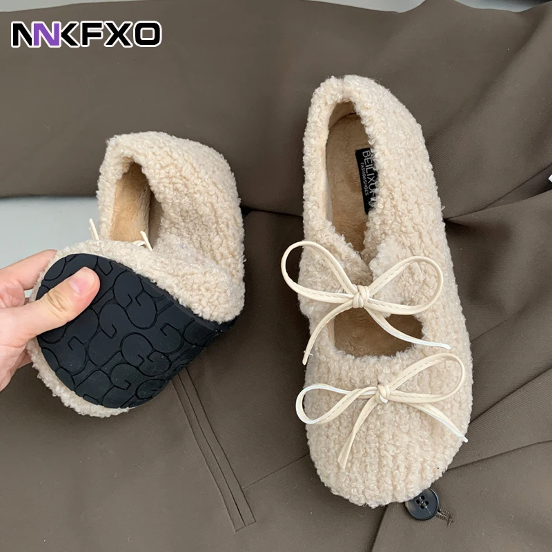 

Apricot Bow Fluffy Flat Shoes Women Winter Warm Furry Flats Fashion Casual Comfortable Slip On Loafers New Slides Vc4406