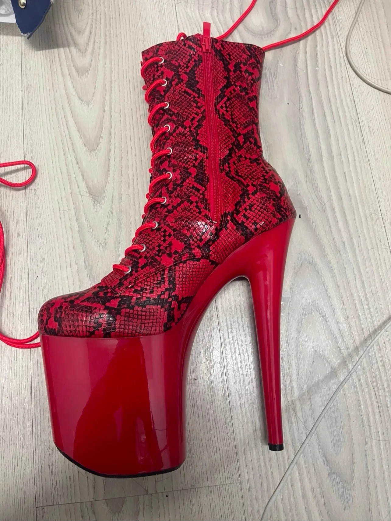 Red Snake Skin Lace-Up High Heels Ankle Boots 8 Inch with 17CM Platform for Pole Dance Exotic Stripper Combat Sexy Fetish Shoes