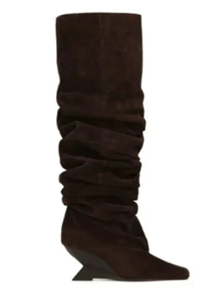 Neue Damen-Stiefeletten mit Plissee, Keilabsatz und eckiger Spitze, kniehoch, für Herbst- und Wintermode, dicke Stiefel mit hohem Absatz für Damen