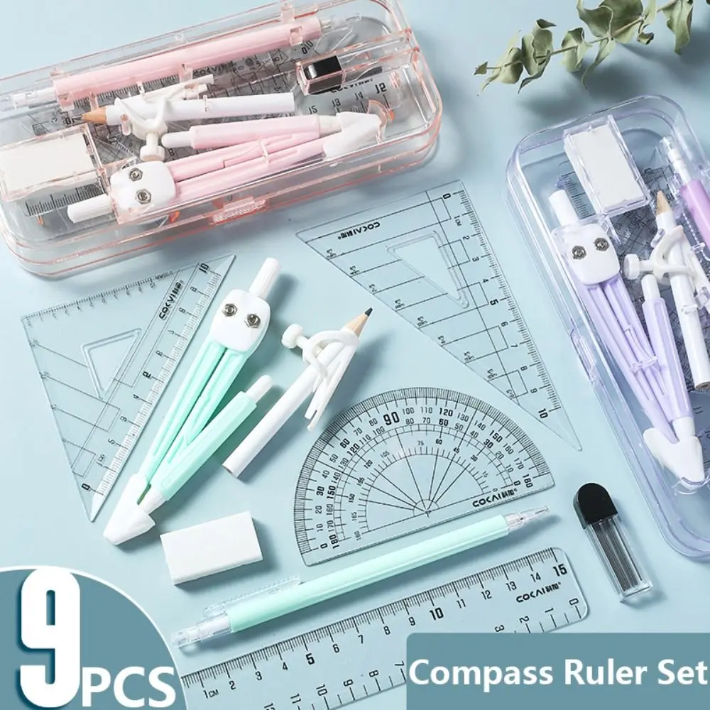 9PCS/Set Transparent Ruler Set Eraser Set Square Protractor Plastic Straight Ruler Pencil Compass Kit School Office