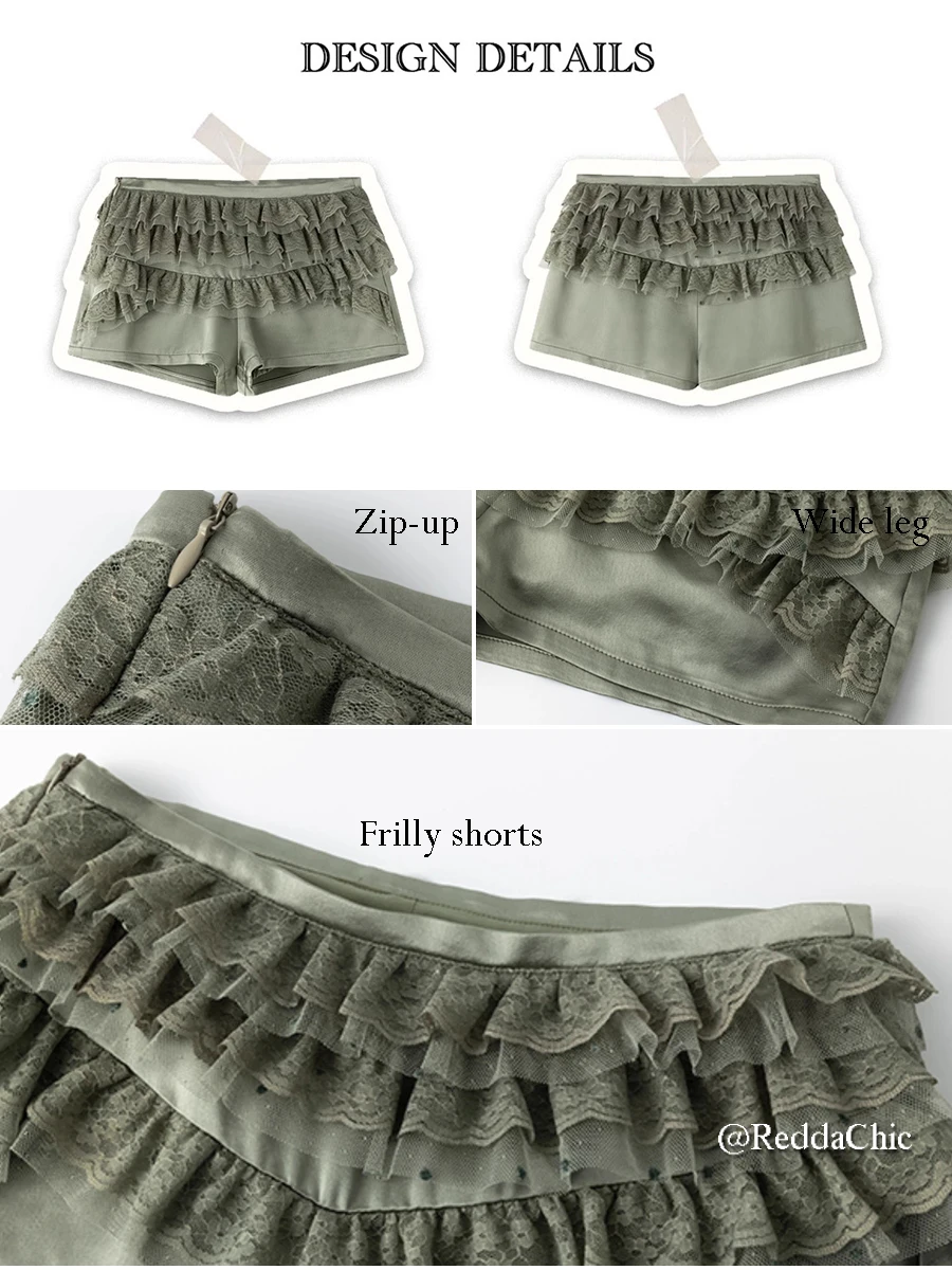 REDDACHiC Glossy Low Rise Women Frilly Shorts Desire Lace Trim Satin Slip Pants High-Low Zip-up Bloomers Vintage Lolita Clothes