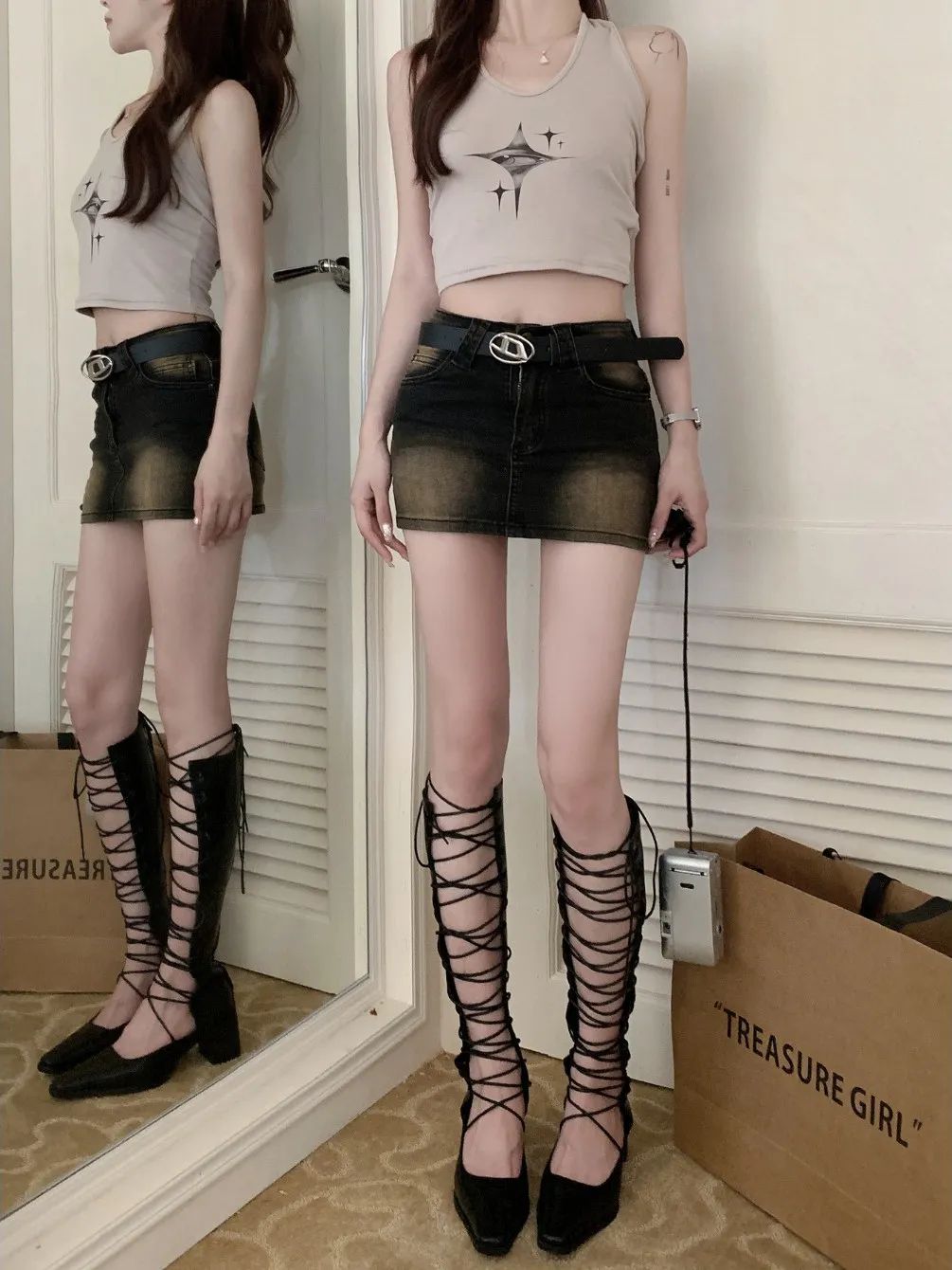 

Ретро-юбка из денима в американском стиле для весны и лета, женская, с эластичным поясом, высокой талией, из смесового хлопка, H-образного силуэта, цветная