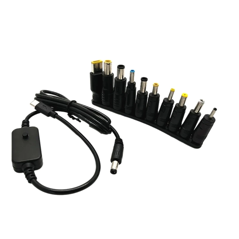 PD toDC Adapter Cable 5V 9V 12V 15V 20V Adjustable Voltage TypeC Male to DC5521 Male Power Cord with 10 Conversion Heads