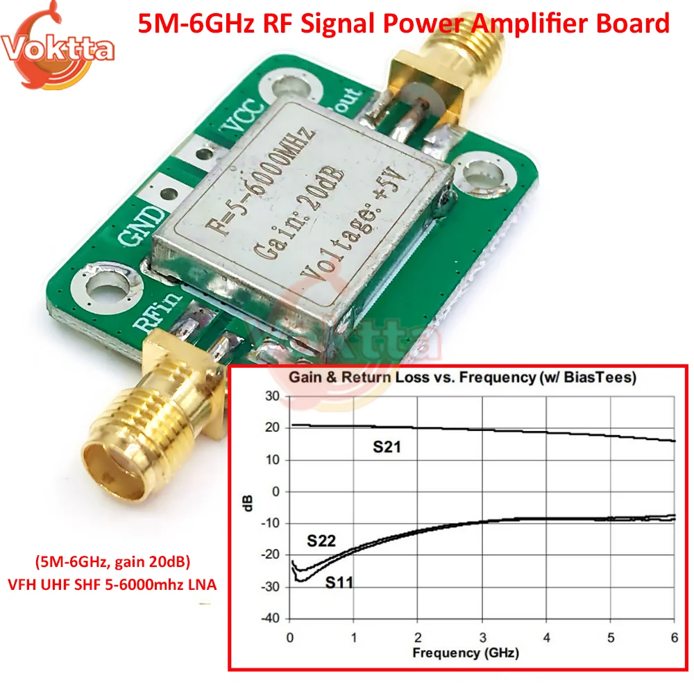5M-6GHz RF Low Noise Broadband Signal Amplifier Power Amplifier Board Receiver Module Gain 20dB VFH UHF SHF 5-6000mhz LNA