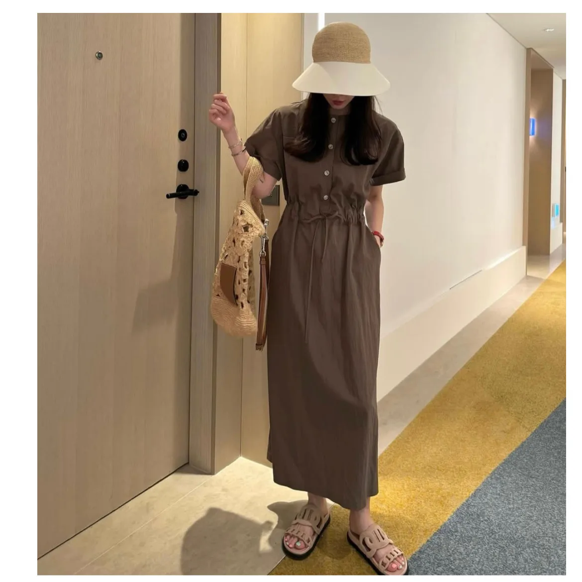 เสื้อแขนยาวสไตล์เกาหลีหวานๆ ทรงเข้ารูป กระชับเอว แฟชั่นวันหยุด ผ้าฝ้ายอเนกประสงค์ สำหรับฤดูใบไม้ผลิและฤดูใบไม้ร่วง คอเหลี่ยม แขนสั้น