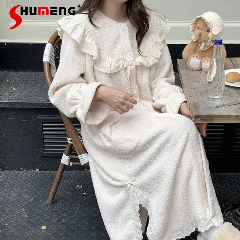 

Women's Winter Warm Plush Pajamas Thickened Princess Style Lace Robes Female High End Autumn Japanese Style Nightgown Robes