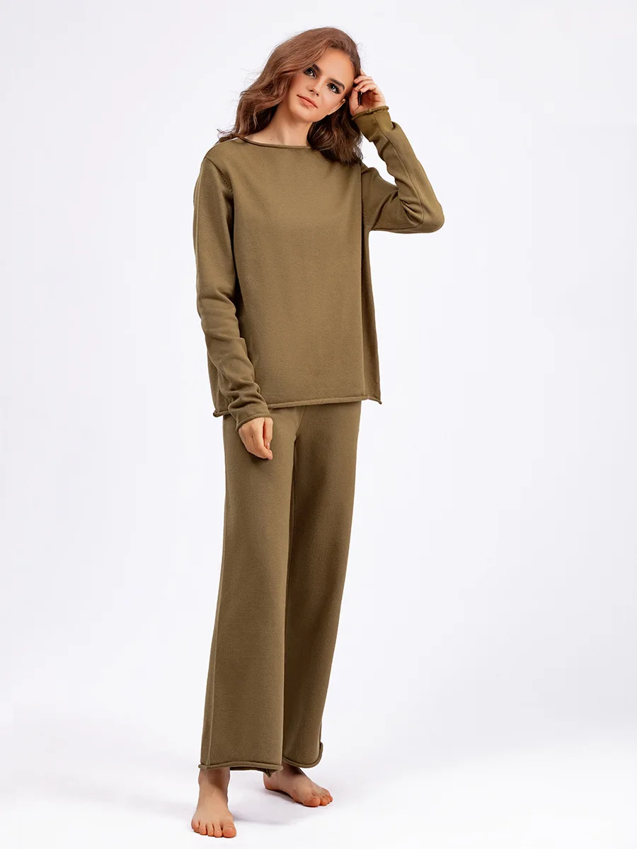 Autumn Casual Knitted Suit Loose Pullover Sweater Solid Wide Leg Pants Women's Two Piece Set Winter Fashion Female Outfit