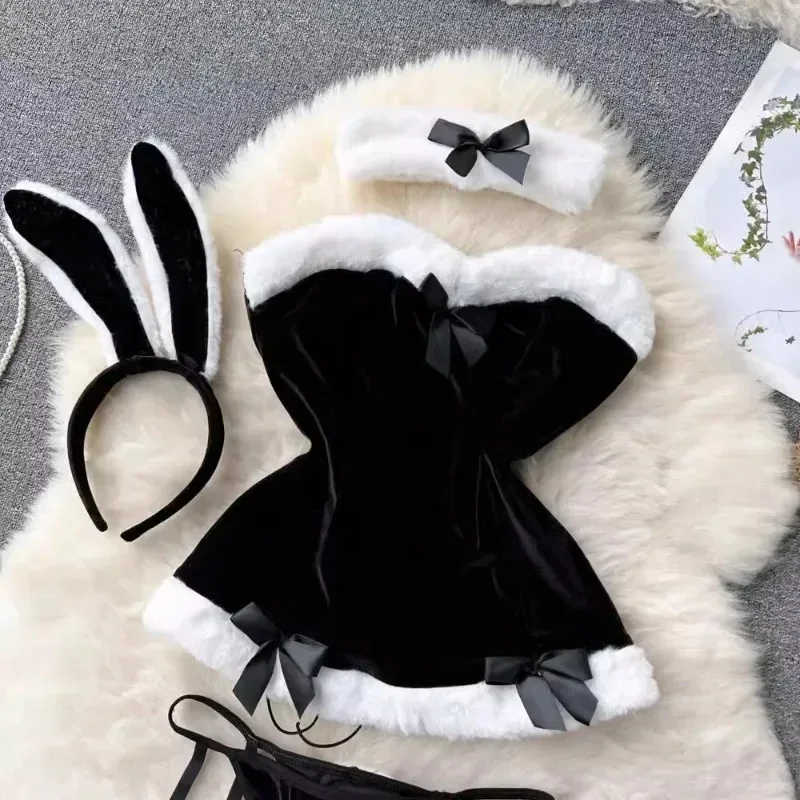 AA wat Sweet Bunny Christmas Women Nightgowns Soft Velvet Off Shoulder Cute Rabbit Dress Sexy Lingerie Fo2025 New