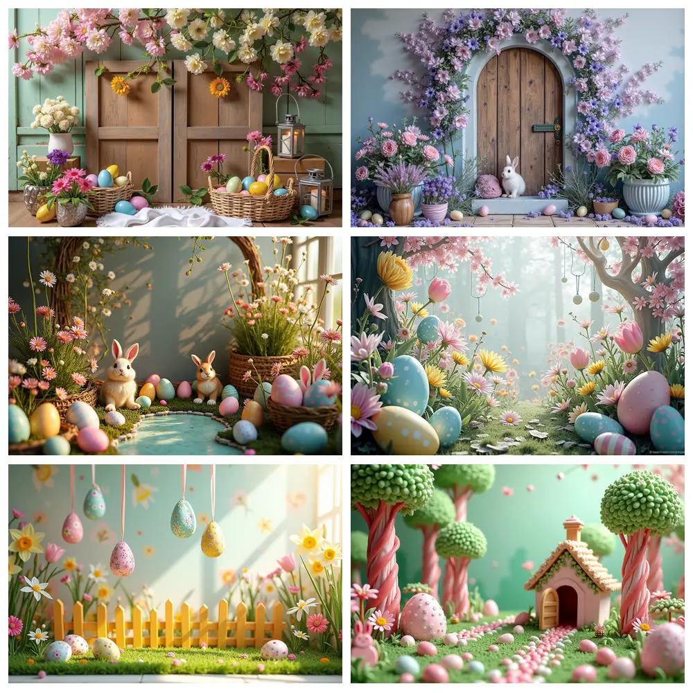 

MOON.QG Spring Happy Easter Photography Background Forest Rabbit Eggs Photozone Backdrop Children Studio Photobooth Props