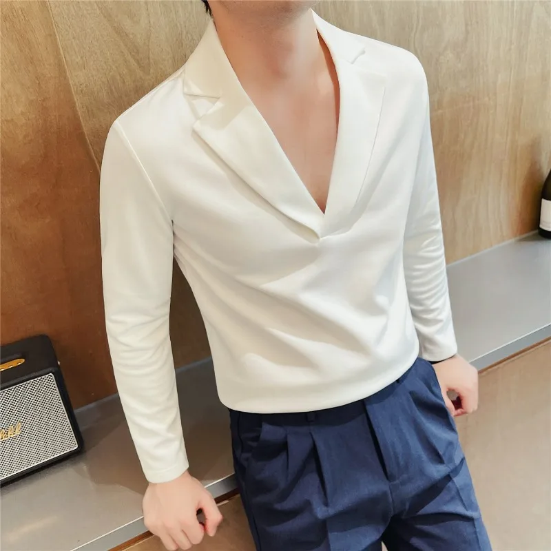 Cuba-style Long-sleeved Men's T-shirt High-quality Sexy Autumn Large V-neck Casual Social Top Social Streetwear Base Layer Tee