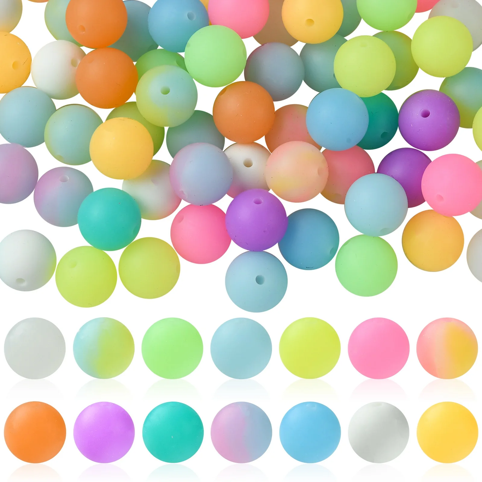 PandaHall 100Pcs Random 15mm Glow in Dark Silicone Beads Colorful Luminous Round Bubblegum Beads for DIY Crafts Making