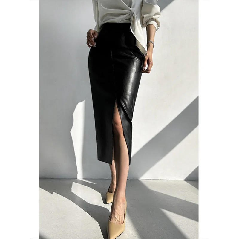 Leather Skirt Skirt Women2024New Autumn and Winter High Waist Korean Style Commuter Split Mid-Length Straight One-Step Hip Skirt