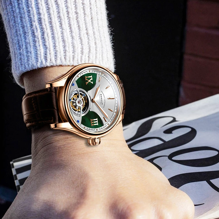 Мужские часы Borman с турбийоном, 41,5 мм, роскошные механические наручные часы, сапфировое зеркало, кожаный ремешок, перламутровый циферблат со скелетом