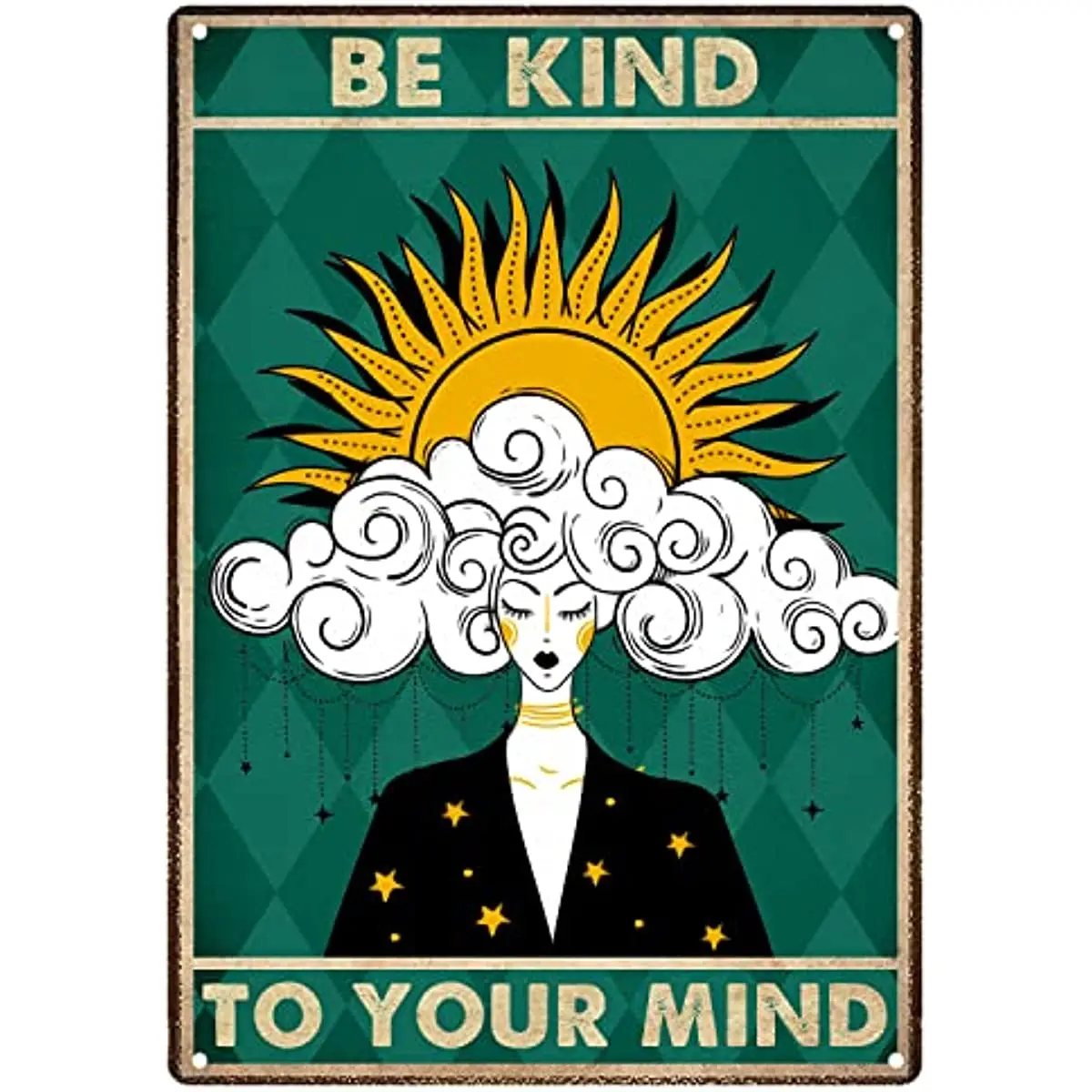 

Be Kind To Your Mind Sign Metal Tin Signs Wall Decor Vintage Sun Cloudy Hair Magic Witch Woman Art Poster Plaque for Bedroom