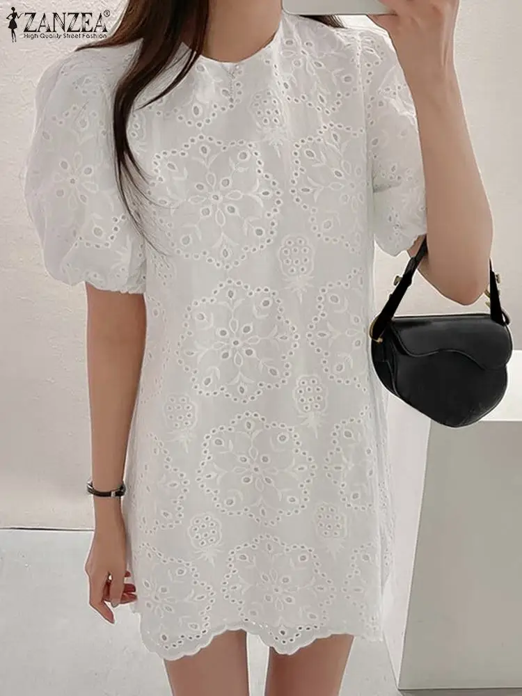 ZANZEA Cotton Short Puff Sleeve Mini Sundress 2024 Summer Holiday Solid Dress Women Fashion Lace Dress Casual Round Neck Vestido