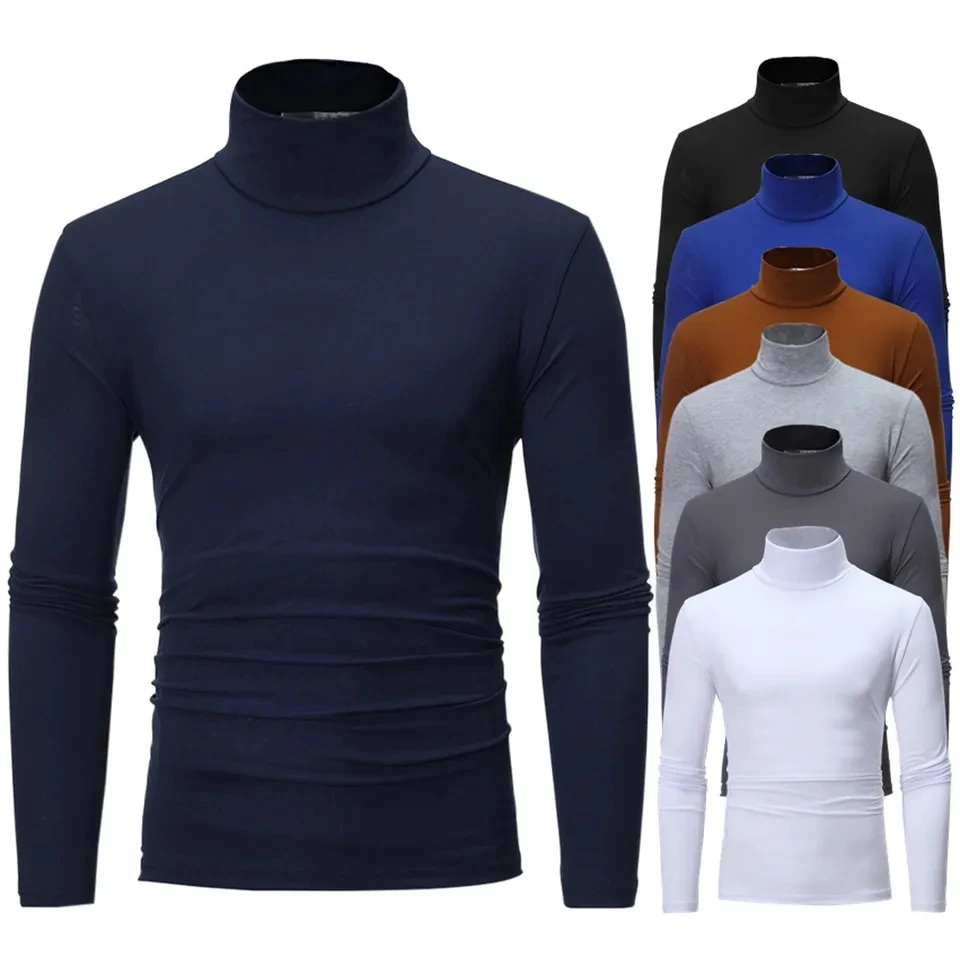 

Men's Turtleneck T-Shirt Bottoming Shirt Long Sleeve Stretch Basic Tees Solid Color Pullover Tops Male Casual T Shirts