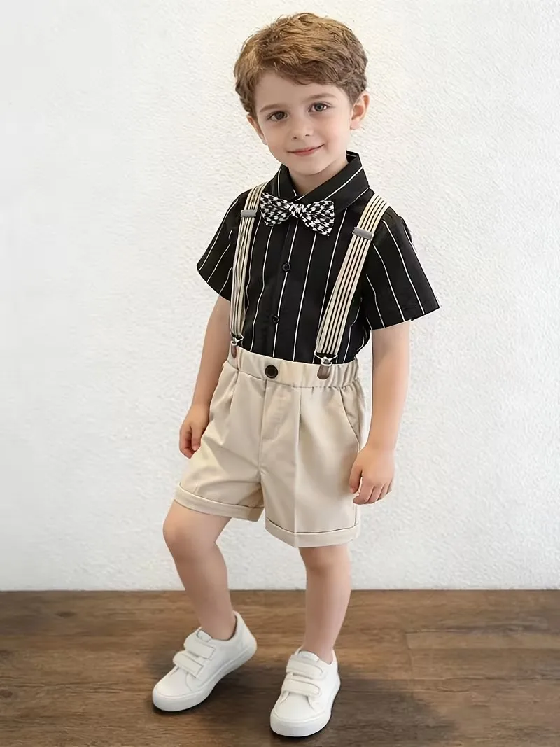 

Boys Summer 4Pieces Shirt Shorts Strap Bowtie School Unifrom Suit Children Photography Dress Kids Wedding Birthday Outfit 90-150