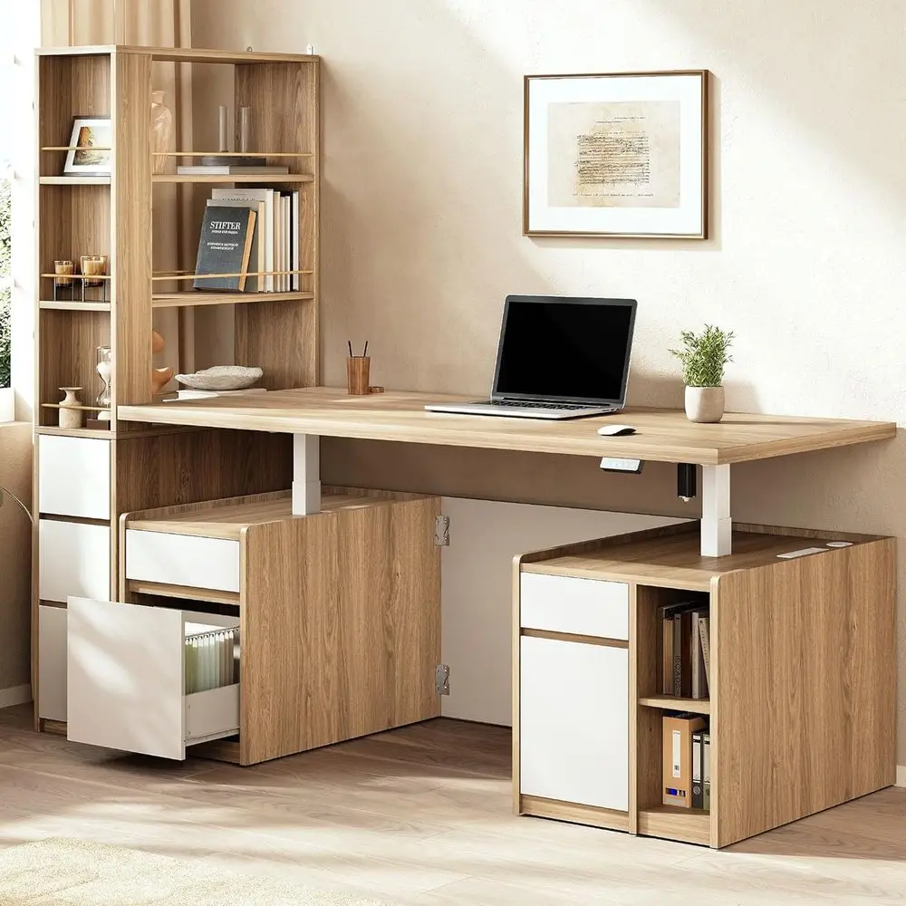 

70.8 Standing Desk with 71 Tall Bookcase, AC/USB Outlets, File Cabinet, Double-Sided Shelves, Light Walnut Finish