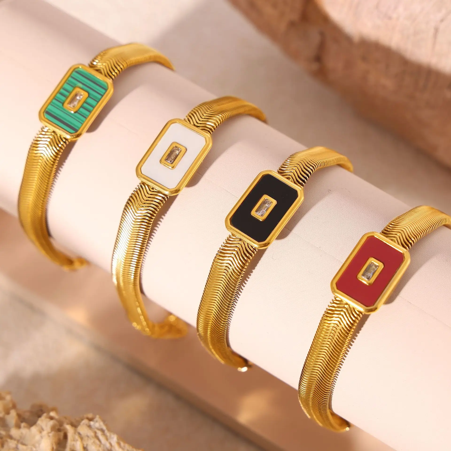 Square Design Necklace Bracelet Set For Women Stainless Steel Gold Plated Snake Chain Shell Turquoise Luxury Charm Jewelry Gift