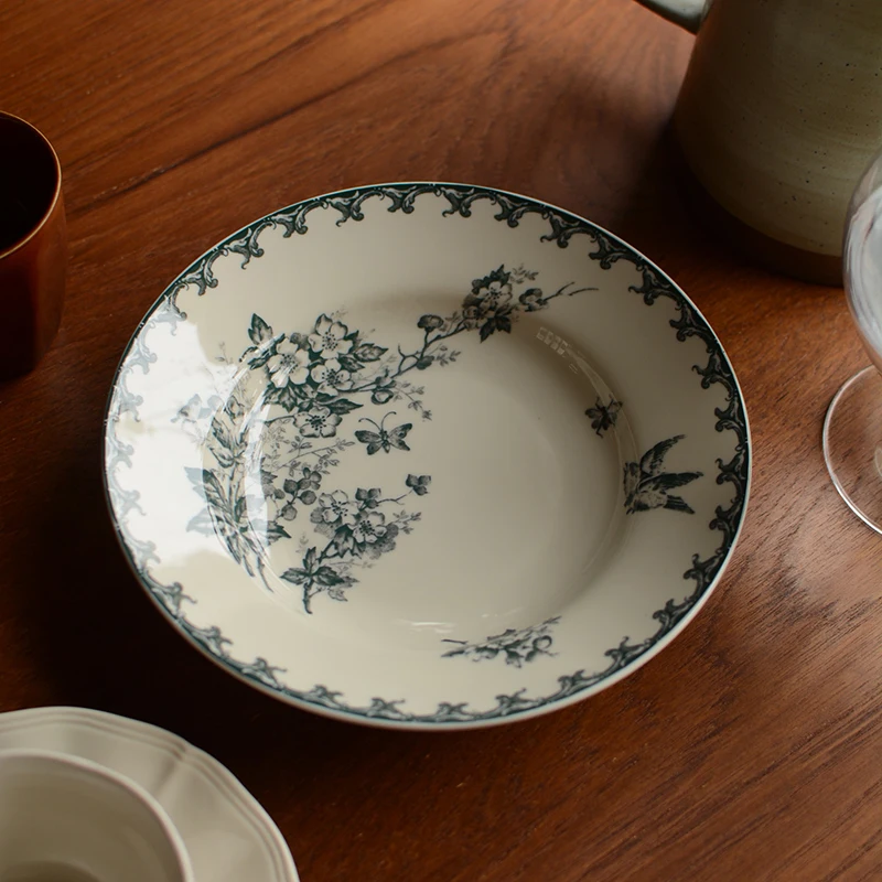 

Retro Ceramic Western Deep Plate, Green Hawthorn Flower Pattern, Pasta Dessert Bowl, Soup Plate, Salad Plate, Classic Tableware