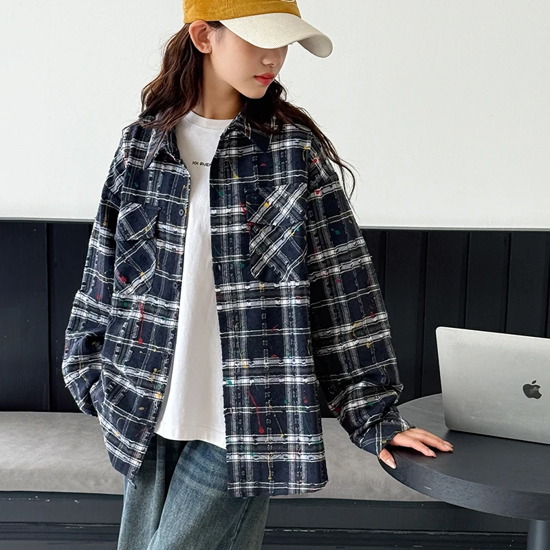 

Рубашка для девочек, осень 2024, новая модная детская куртка в стиле ретро в американском стиле для больших детей, модный повседневный топ