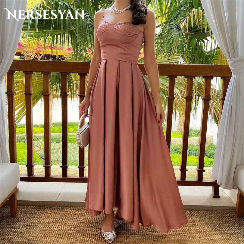 

Nersesyan Fashion Spaghetti Straps Party Dresses Satin Sequins Sleeveless Pleated Formal Evening Gowns A Line Prom Dress 2023