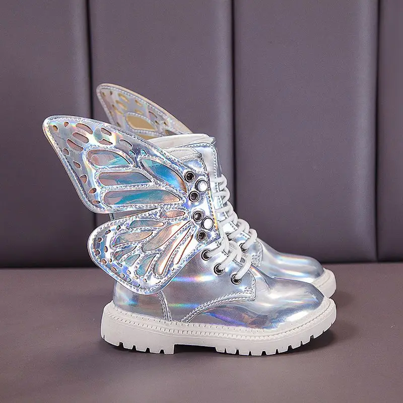 Kids Girls Ankle Boots Spring Autumn 2025 New Wing Glittering Silver Princess Style Trendy Short Boots