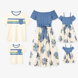 PatPat Family Matching Panel Stripe Tee and Open Shoulder Floral Lace Bottom Dress Sets