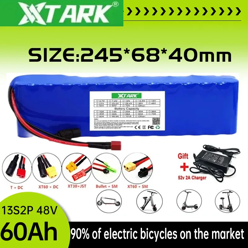 

18650 Li-ion battery pack E-bike battery 48V 60Ah 13S2P bike conversion kit bafang 1000w and 54.6V2A Charger + XT60/DC Plug